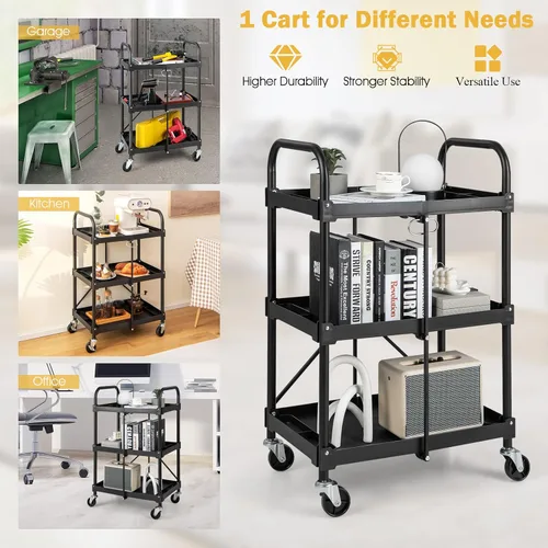 Vista 6 de Goplus Carrito plegable con ruedas, carrito de herramientas de 3 niveles con ruedas y compartimentos bloqueables, carrito de servicio de metal