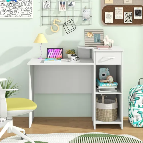 Vista 2 de Giantex Escritorio para computadora con almacenamiento, moderna mesa para computadora portátil con estante ajustable de 5 posiciones, cajón