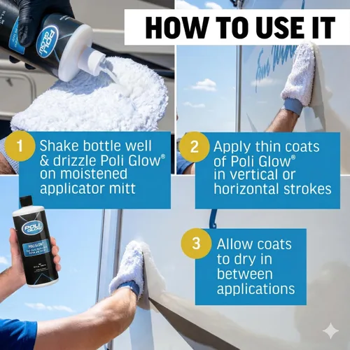 Vista 13 de Poli Glow Kit de Pulimento para Barcos y Vehículos Recreativos con Guante Aplicador - Pulimento de Fibra de Vidrio de Alto Brillo de 32 oz