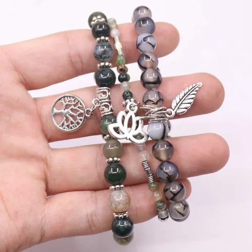 Vista 4 de UEUC - Pulseras Reiki, apilables, de piedras curativas, cristales, con dije del árbol de la vida, yoga y hoja de loto, contra la ansiedad