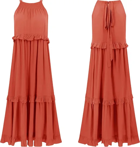 Vista 6 de R.Vivimos Vestido de verano para mujer, de algodón, sin mangas, con volantes, casual, bohemio, fluido