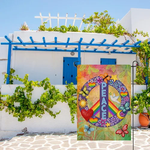 Vista 6 de Dyrenson World Peace Love - Bandera decorativa para jardín, doble cara, arco iris, mes del orgullo, arpillera para patio, decoración exterior