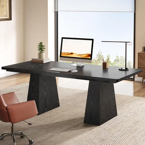 Vista 3 de Tribesigns Escritorio ejecutivo de 63 pulgadas, moderno escritorio negro para computadora de oficina con doble pedestal resistente, mesa de estudio