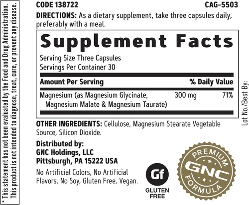 Vista 2 de GNC Super Magnesio 300 mg, glicinato, malato, taurato, 90 cápsulas