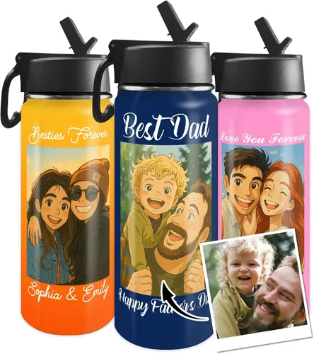 Vista 9 de Botella de agua personalizada con foto y pajita, 18 oz/32 oz, botella de agua deportiva de acero inoxidable personalizada con 1-9 imágenes, nombre