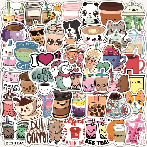 Vista 3 de 100 calcomanías de café Kawaii, lindas calcomanías para tazas de café, calcomanías de Chromebook, calcomanías de vinilo, calcomanías de café