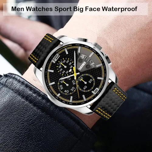 Vista 2 de SKMEI Men Watches Black Leather Band Sports Large Big Face Luxury Waterproof Luminous Fashion Dress Casual Analog Quartz Chronograph Father Gifts