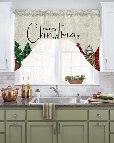 Vista 12 de Juego de 3 cortinas de cocina con festón de Navidad con cenefa, 3 piezas con bolsillo para barra, cortinas para dormitorio, sala de estar, baño