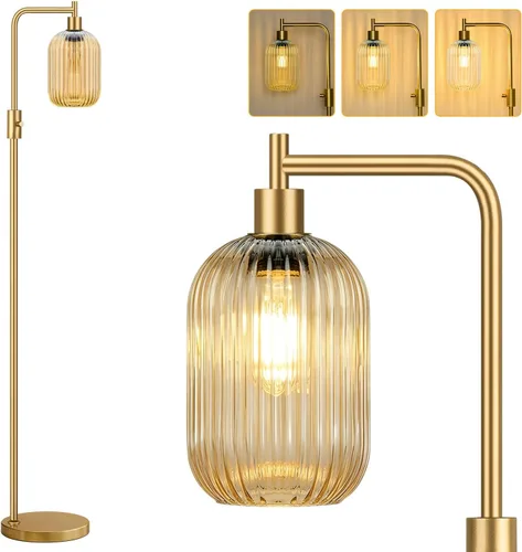 Vista 19 de 【Actualizada】Lámpara de pie regulable para sala de estar con pantalla de vidrio, lámpara de pie industrial moderna negra con bombilla LED de 900LM