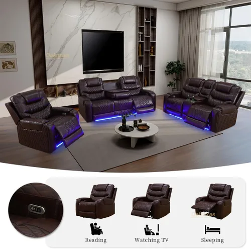 Vista 45 de Juego de sofá reclinable eléctrico, seccional de cuero transpirable beige, juego de muebles de sala de estar, 2 piezas, sofá reclinable eléctrico