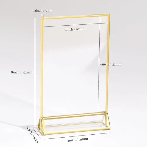 Vista 5 de UNIQOOO Soportes acrílicos para letreros con borde dorado, vista de retrato, paquete de 12 unidades, marco transparente de doble cara de 4 x 6