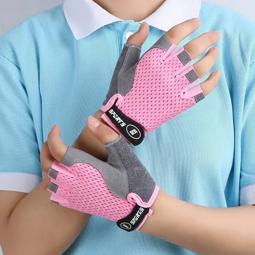 Vista 6 de Guantes de ciclismo para niños y niñas de 5 a 9 años de edad, color rosa con medio dedo, antideslizantes, con relleno, antideslizantes, sin dedos
