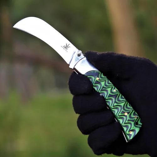 Vista 5 de Hawkbill, navaja plegable de bolsillo con hoja de acero curva, herramientas para electricistas, mango G10 negro y verde.