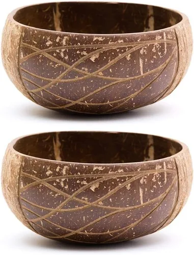 Vista 2 de Rainforest Bowls Juego de 2 cuencos de coco Jumbo Waves, 2 cucharas de madera y 2 popotes de bambú reutilizables, 100% naturales, tallados a mano