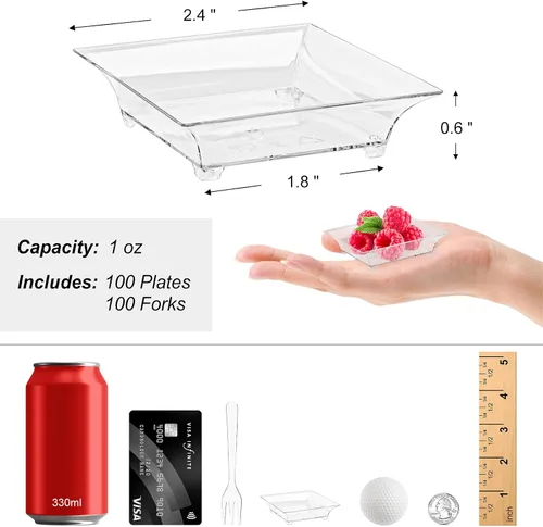 Vista 2 de Zezzxu 100 paquete de mini platos de postre con tenedores de degustación, 2.5 pulgadas pequeños platos cuadrados reutilizables de plástico