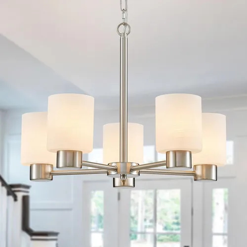 Vista 12 de WUZUPS Lámpara colgante de 5 luces, pantalla de vidrio blanco esmerilado con iluminación de techo de grano, elegante accesorio moderno para baño