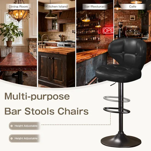 Vista 6 de Juego de 2 taburetes de bar, taburetes de bar giratorios ajustables con respaldo, sillas de bar de altura de mostrador con reposapiés, asiento Negro