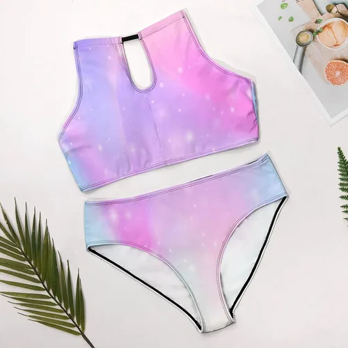 Vista 6 de BAIKUTOUAN Rainbow Filter Women's Halter High Neck Bikini Swimwear Set Cross Back Bathing Suit