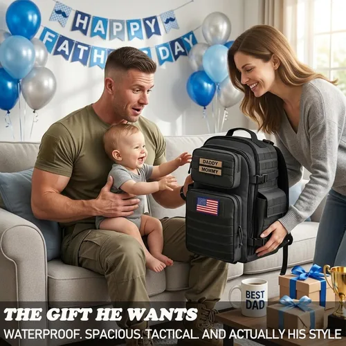 Vista 2 de SHARKMOUTH - Bolsa de pañales para papá para hombre, mochila militar para bebé con parches para senderismo, viajes, viajes de campamento, regalos