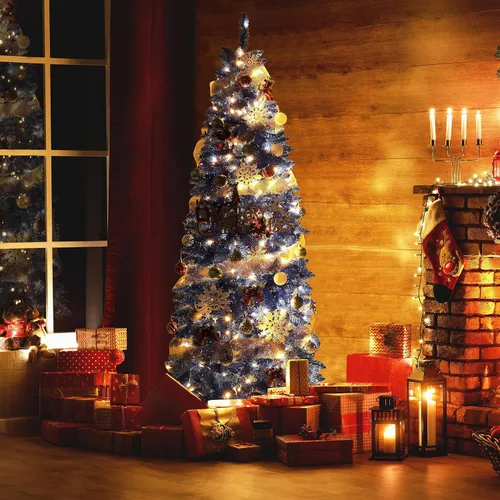 Vista 8 de MUPATER Árbol de Navidad artificial de 6 pies en forma de lápiz, con soporte de metal, luces blancas cálidas, árbol de Navidad delgado preiluminado