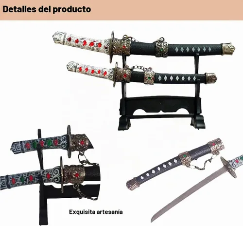 Vista 5 de 2 unids/set mini japonés samurai katana espada con soporte de exhibición sobre abridor cuchillo de metal carta de apertura cuchillo 8.3 pulgadas