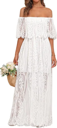 Vista 10 de Holipick Vestido Maxi de Encaje con Hombros Descubiertos para Mujer Estilo Boho Invitada de Boda Dama de Honor Playa Vestido Largo Formal Beige
