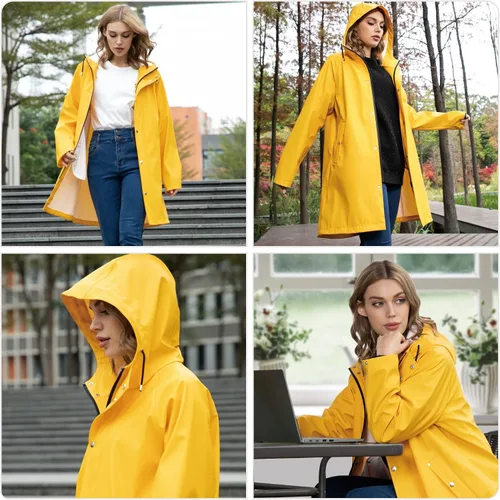 Vista 6 de UNIQUEBELLA Chubasqueros impermeables para mujer, impermeables, abrigos largos con capucha para lluvia, rompevientos, gabardina para exteriores