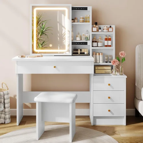 Vista 10 de Escritorio de tocador con espejo y luces, tocador de maquillaje con 3 modos de iluminación ajustables, escritorio de tocador pequeño con espejo