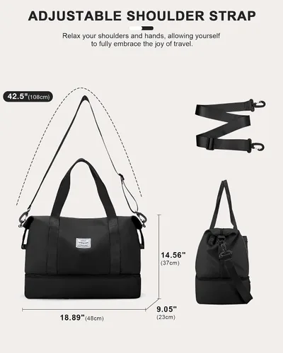 Vista 6 de Bolsa de viaje para mujer, bolsa deportiva para gimnasio, E-Negro