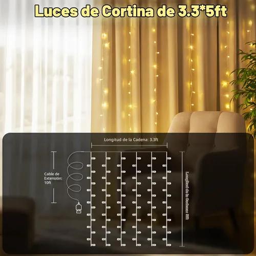 Vista 2 de suddus Luces de Cortina para Dormitorio, 90 Luces LED de Cadena Colgantes para Exteriores, Luces de Cortina de Hadas para Interiores para Navidad