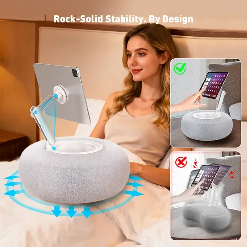 Vista 8 de AboveTEK Soporte de almohada Kindle, soporte magnético para iPad para cama con cuenco de aperitivo, almohada suave ajustable de 360° para leer, Gris