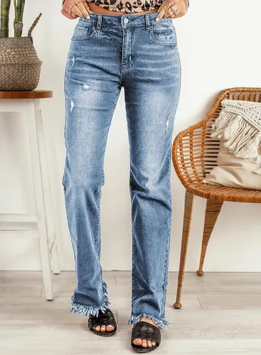 Vista 3 de Sidefeel Pantalones de mezclilla de pierna ancha de cintura alta desgastados para mujer