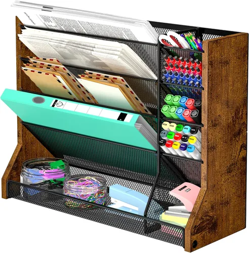 Vista 12 de Jakyitvi Organizador de archivos montado en la pared, organizador de escritorio de metal ajustable y duradero de 4 niveles, soporte para archivos
