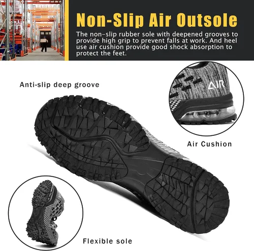 Vista 5 de HiHatide - Zapatos con punta de acero para hombre, zapatos de trabajo, zapatos de seguridad, con amortiguación de aire, ligeros, antideslizantes