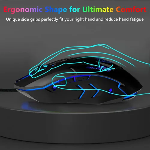 Vista 3 de FUWANG Ratón para juegos con cable, mouse USB para computadora con retroiluminación RGB, sensor óptico de 7200 DPI, mouse ergonómico para gamer