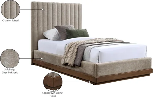 Vista 9 de Meridian Furniture B1245Beige-T Emmet Collection Modern Cama individual contemporánea con tela de felpilla beige suave, acabado de nogal, base