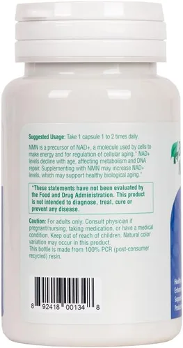 Vista 3 de Suplemento NMN (mononucleótido de nicotinamida) 60 unidades, 250 mg Apoya el envejecimiento saludable*