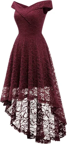 Vista 2 de HomRain - Vestido elegante con encaje floral para mujer, con hombros descubiertos y dobladillo asimétrico, para bodas, cócteles y fiestas