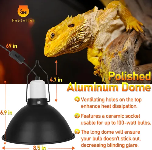 Vista 2 de Lámpara reflector de reptiles, lámpara de cúpula de aluminio pulido profundo de 8.5 pulgadas para terrarios de vidrio de reptiles, compatible