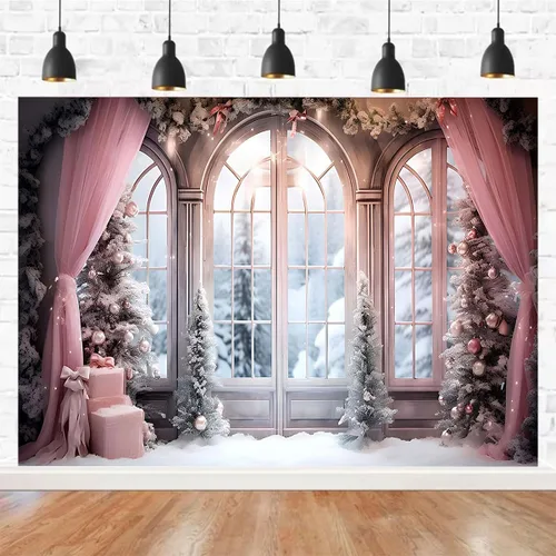 Vista 2 de Cortina rosa de invierno, fondo fotográfico de Navidad, invierno, nieve, bosque, ventana, fondo de fotografía, decoración de fiesta familiar, baby