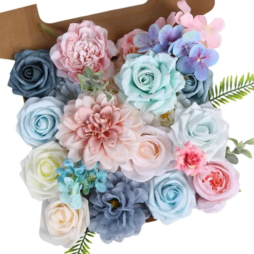 Vista 16 de Caja de flores artificiales azul marino, rosas de dalias de seda con tallos para manualidades, ramos de boda, centros de mesa, arreglos, decoración