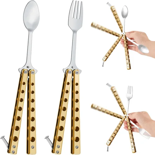 Vista 10 de Flutesan Juego de 2 Piezas de Tenedor y Cuchara Mariposa, Cuchara Táctica Mariposa Plegable de Acero Inoxidable Conjunto de Utensilios Spork