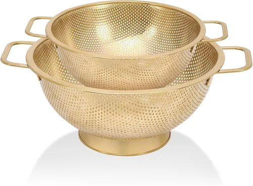 Vista 9 de Colador dorado para cocina, 3 cuartos de galón, colador de acero inoxidable con asa para frutas, verduras, cocinar alimentos, apto para lavavajillas
