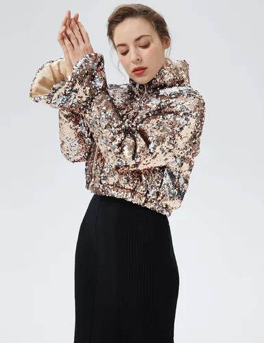 Vista 3 de Orolay Chaqueta pequeña de lentejuelas ultra corta con cuello alto para mujer