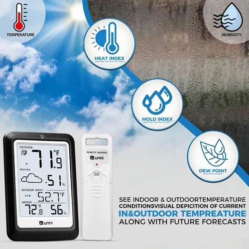 Vista 4 de Termómetro higrómetro para interiores y exteriores, estación meteorológica inalámbrica, monitor de temperatura y humedad alimentado por batería