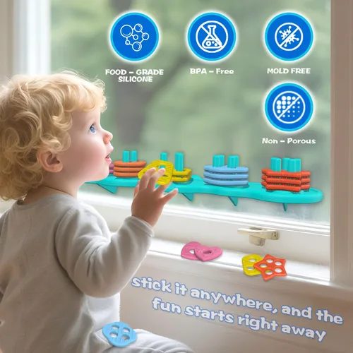 Vista 3 de Juguetes de baño con succión para bebé, juguete de baño de silicona sin moho, clasificador y apilable, juguetes sensoriales y el mejor regalo