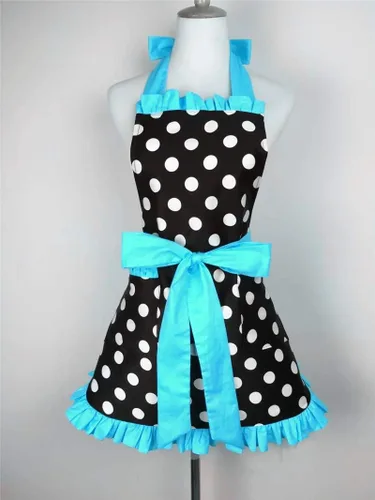 Vista 3 de Hyzrz Lindo delantal retro negro de lunares retro con volantes laterales vintage delantales de cocina con bolsillos para mujeres y niñas (lado azul)