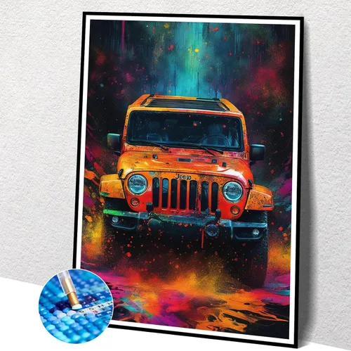 Vista 3 de Kits de arte de diamantes Cyberpunk naranja retro para principiantes, kits de pintura de diamantes con temática de automóvil para adultos, pintura