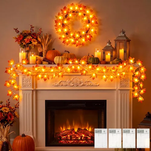 Vista 9 de Brightown 2 Pack Fall Garland with Lights Total 20Ft 40LED Fall Decor