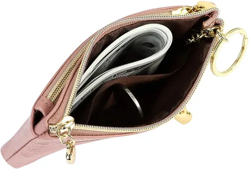 Vista 4 de Monedero de cuero genuino para mujer, con cremallera, tamaño de bolsillo, rosa oscuro